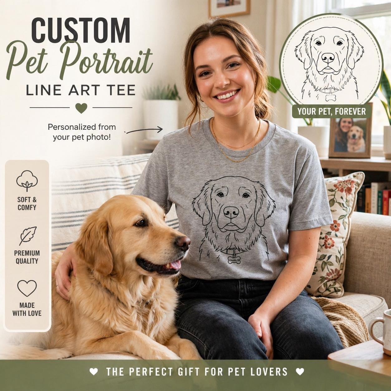 Custom Pet Portrait Shirt with Name -  Line Art Dog or Cat Tee -  Personalized Pet Lover Gift