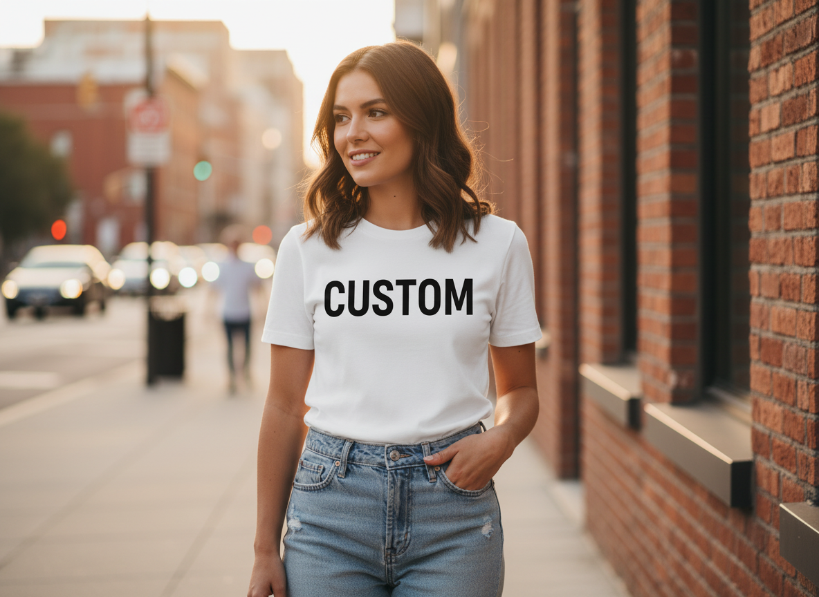 Custom DTF Tee – Text Only, front view urban